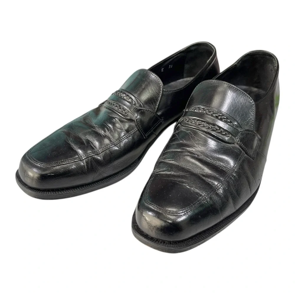 Florsheim 9.5 D Black Leather Loafers Braided Strap Apron Toe Dress Shoes 23258‎